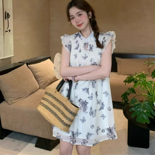 大码新中式复古连衣裙女夏季温柔风甜美裙子胖mm遮肚子显瘦碎花裙