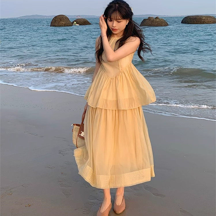 法式别致假两件无袖连衣裙夏季女