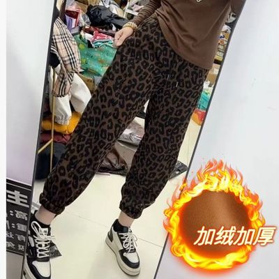 欧货冬款经典豹纹加绒裤子女爆款美拉德洋气百搭休闲时尚多巴胺