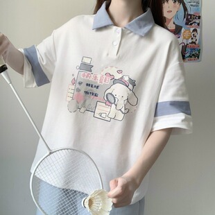 2025新款初中高中学生宽松翻领短袖t恤女夏七分时尚韩版上衣班服