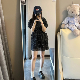 夏季新款微胖穿搭法式小个子学生荷叶边娃娃裙黑色碎花连衣裙子女