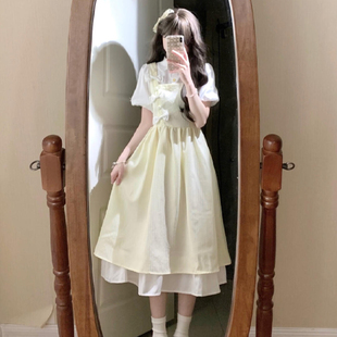 森系甜美衬衣拼接假两件裙子夏季大码小清新奶甜温柔风少女连衣裙