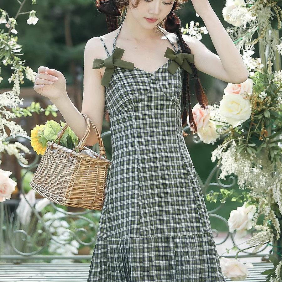 夏季新款学生复古格子蝴蝶结修身