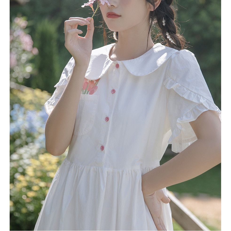 学院风白色温柔少女连衣裙女夏季