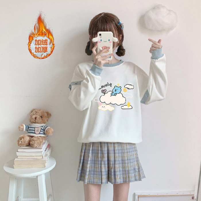 加绒加厚卫衣女秋冬学生小清新荷叶边拼接套头外套少女孩长袖上衣