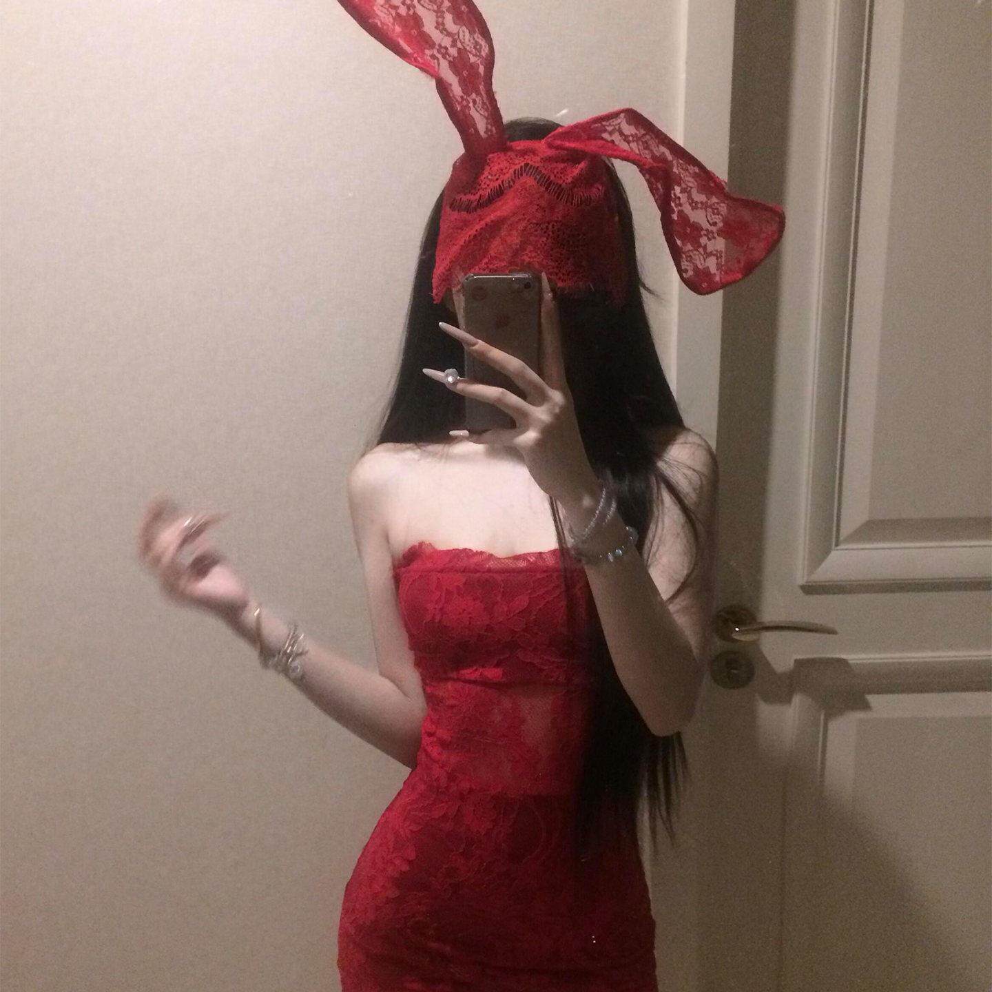 红色洋装女辣妹蕾丝性感抹胸套装cos兔女郎连身裙修身包臀裙