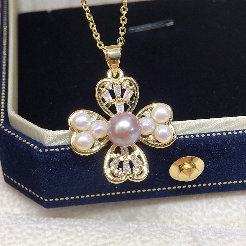 诸暨山下湖天然淡水珍珠项链多珠混彩幸运锆石四叶草珍珠吊坠