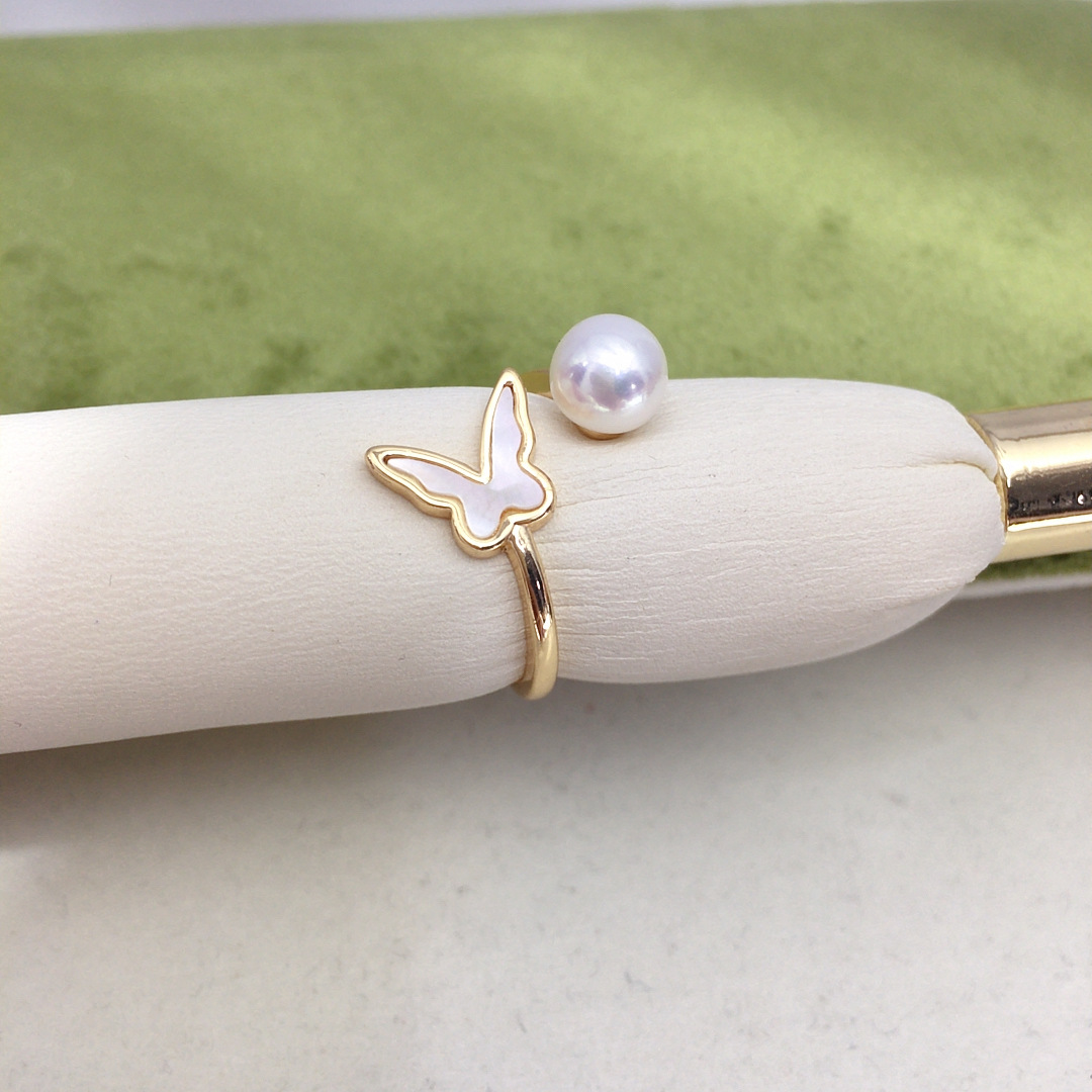 精工款天然淡水珍珠戒指时尚经典蝴蝶贝母开口可调节珍珠手饰