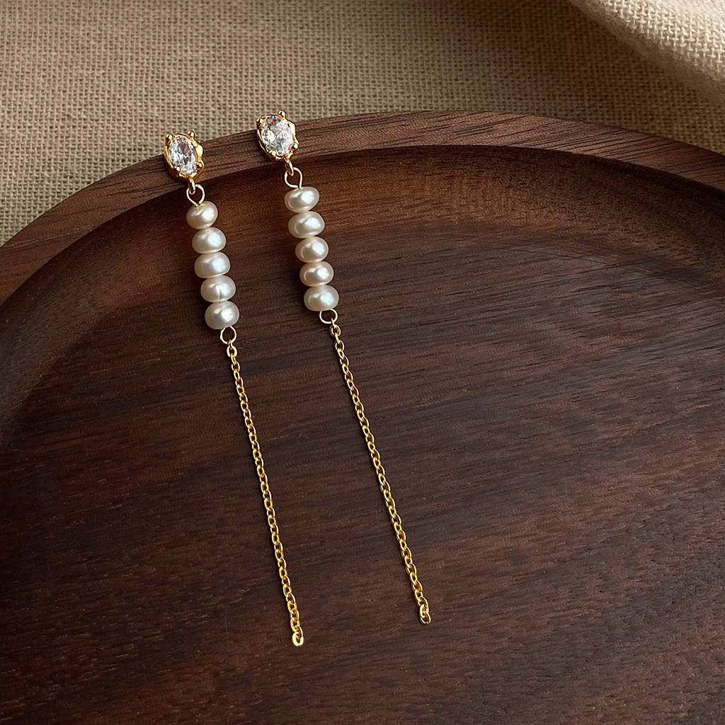 淡水珍珠耳环高品质5A级女长款流苏锆石耳钉气质轻奢风显脸瘦耳饰