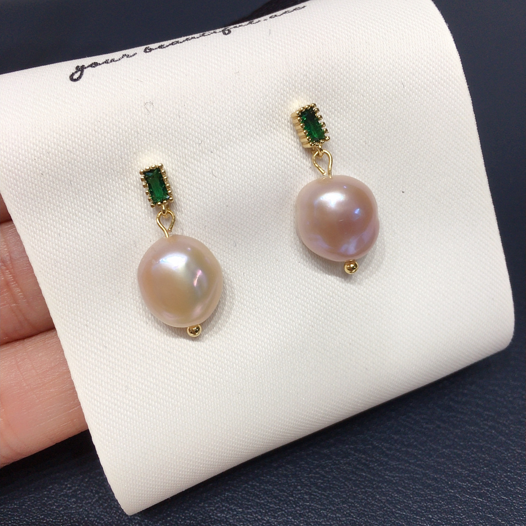 精工款巴洛克天然淡水珍珠耳钉女气质绿锆石复古珍珠耳饰
