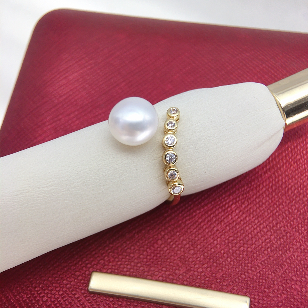 诸暨珍珠天然淡水珍珠戒指开口简约款微镶锆石珍珠戒指女手饰