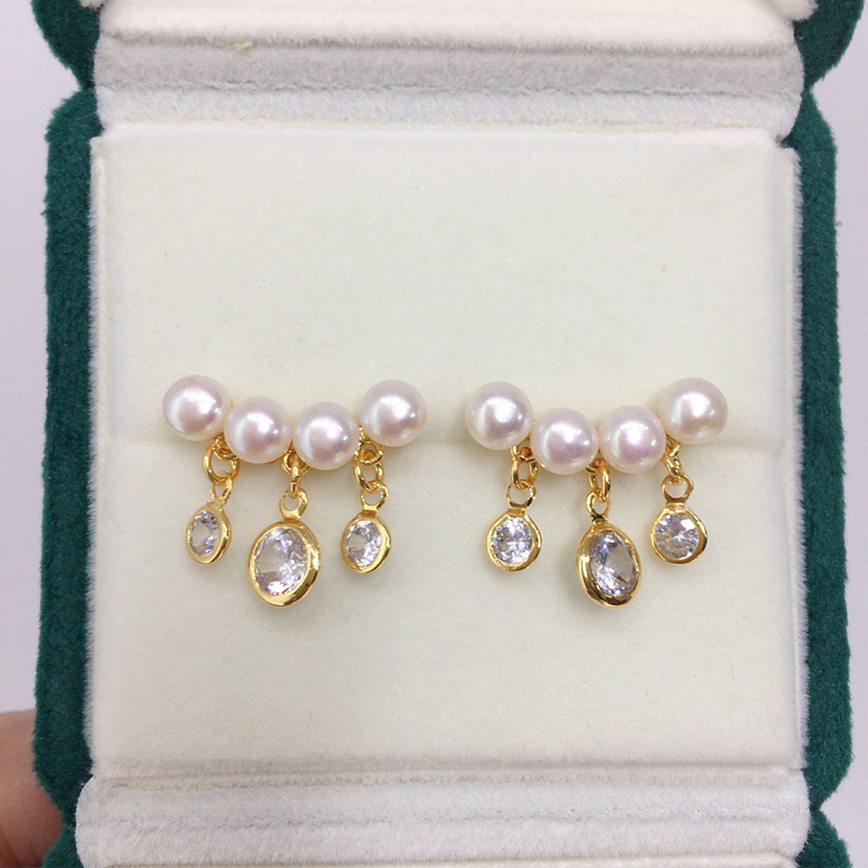 天然淡水珍珠耳环女18K包金灵动款锆石流苏多珍珠耳钉S925纯银针