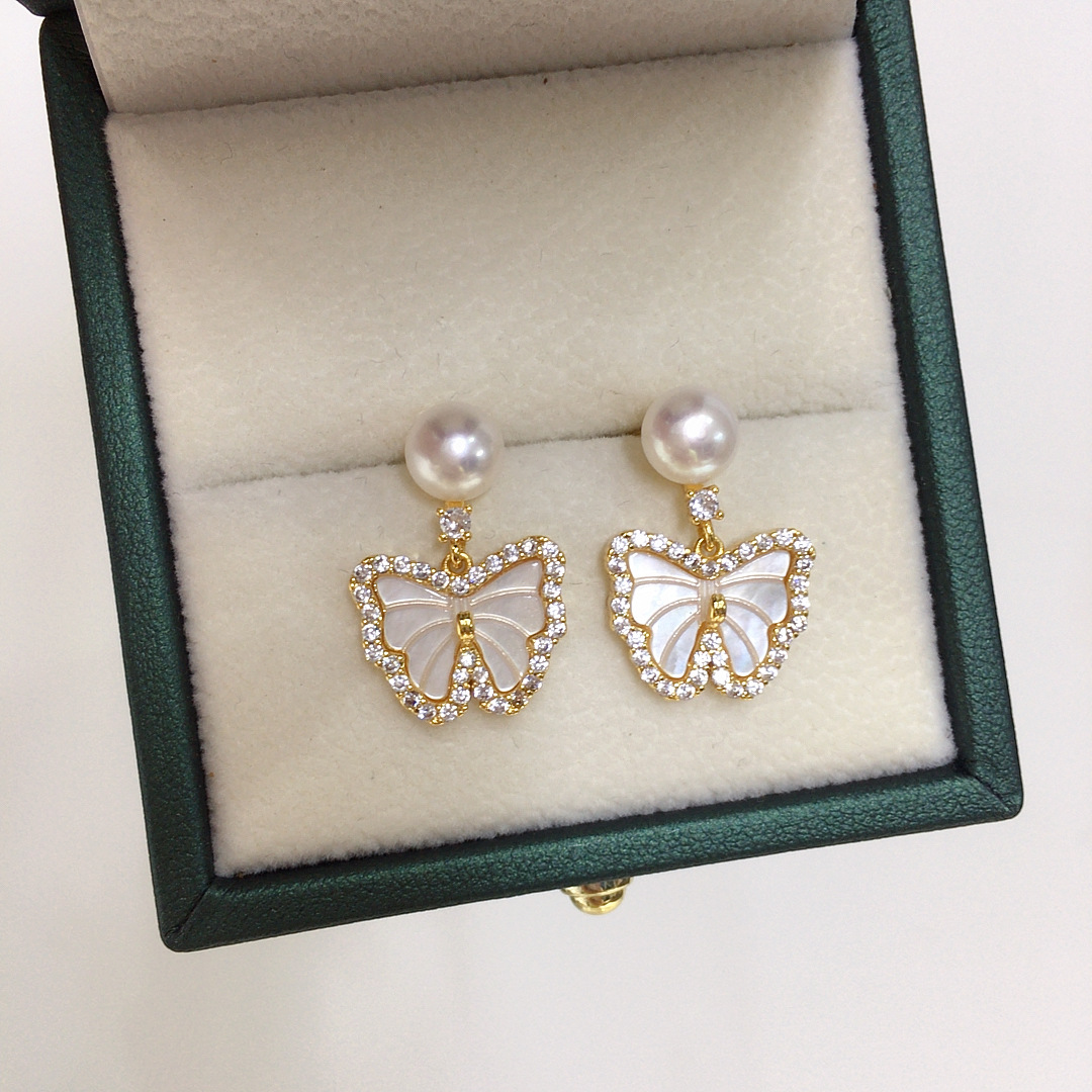 淡水珍珠耳钉女海贝微镶锆石蝴蝶珍珠耳饰S925纯银耳针