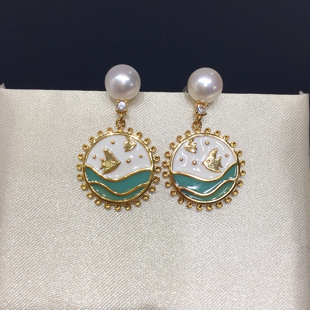 诸暨天然淡水珍珠耳钉女小清新卡通画海洋小鱼珐琅彩珍珠耳环耳饰