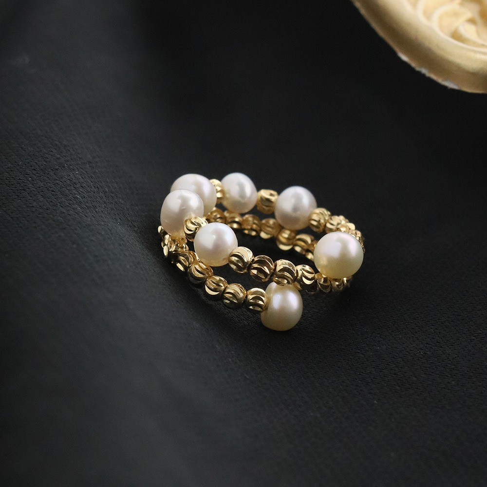 明星同款天然淡水珍珠戒指女素圈镀金开口指环轻奢百搭钢圈戒指