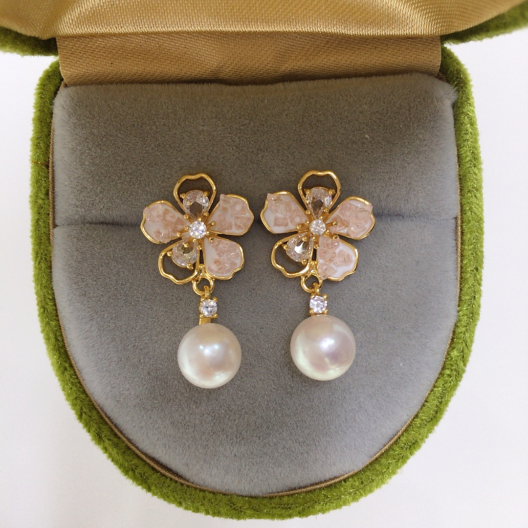 天然淡水珍珠耳钉女高级感碎冰晶锆石花朵珍珠耳环S925纯银针