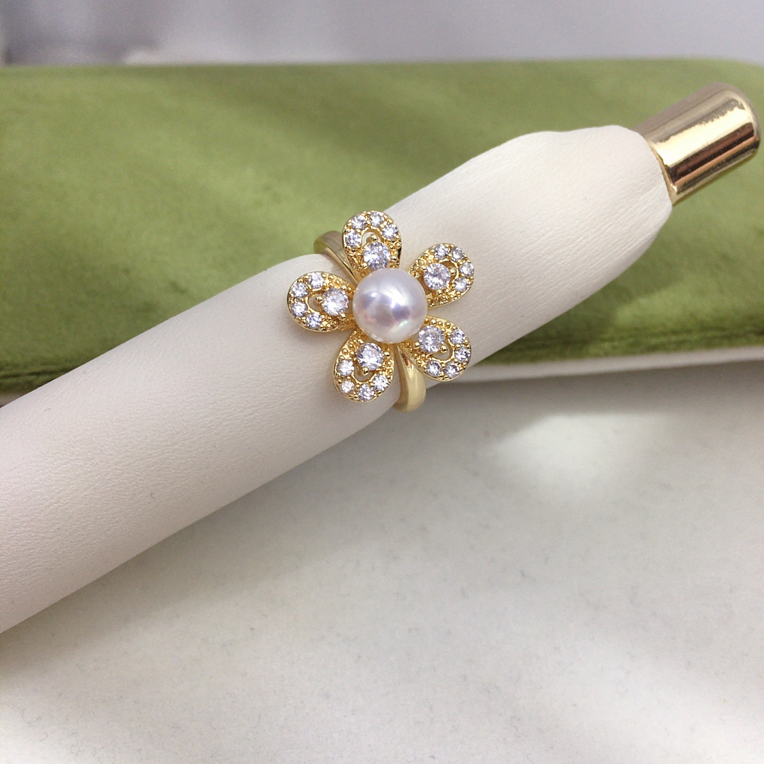 精工天然淡水珍珠戒指时尚花朵设计微镶锆石可调节手饰铜镀金显白