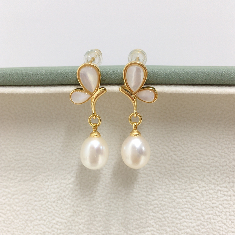 诸暨天然淡水珍珠耳环女18K包金天然海贝贝母蝴蝶耳钉S925纯银针