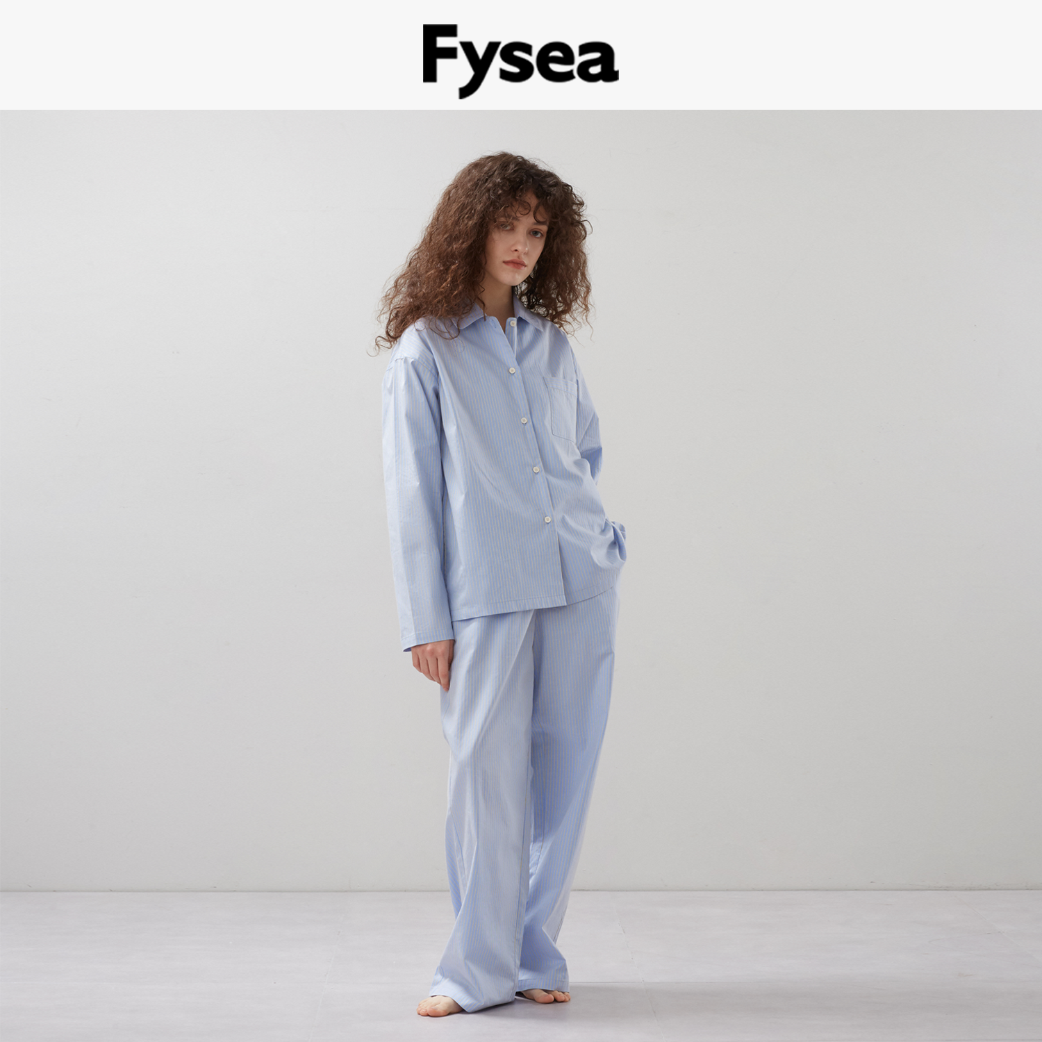 Fysea黄蓝条纹简约复古纯棉睡衣套装春秋款高级感家居服女可外穿