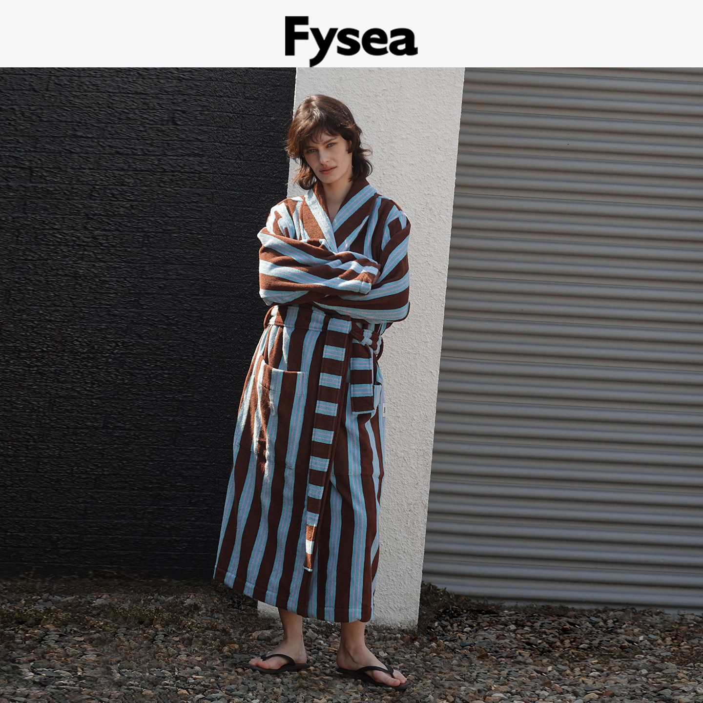 FyseaBath宽条纹翻领浴袍 | 柔软纯棉吸水浴衣 | 男女款附礼袋