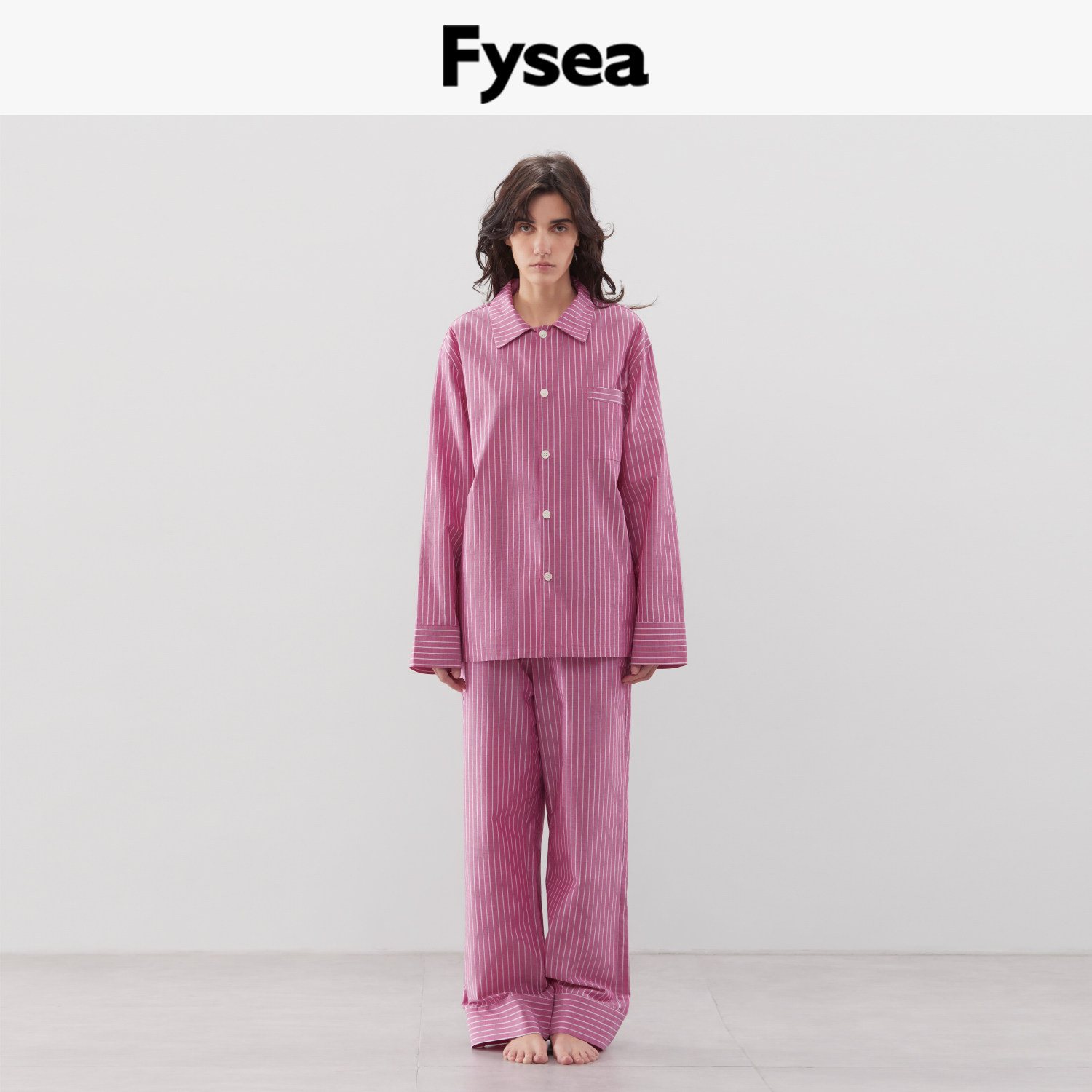 Fysea野莓色条纹纯棉长短睡衣长袖长裤春秋男女款时尚家居服外穿