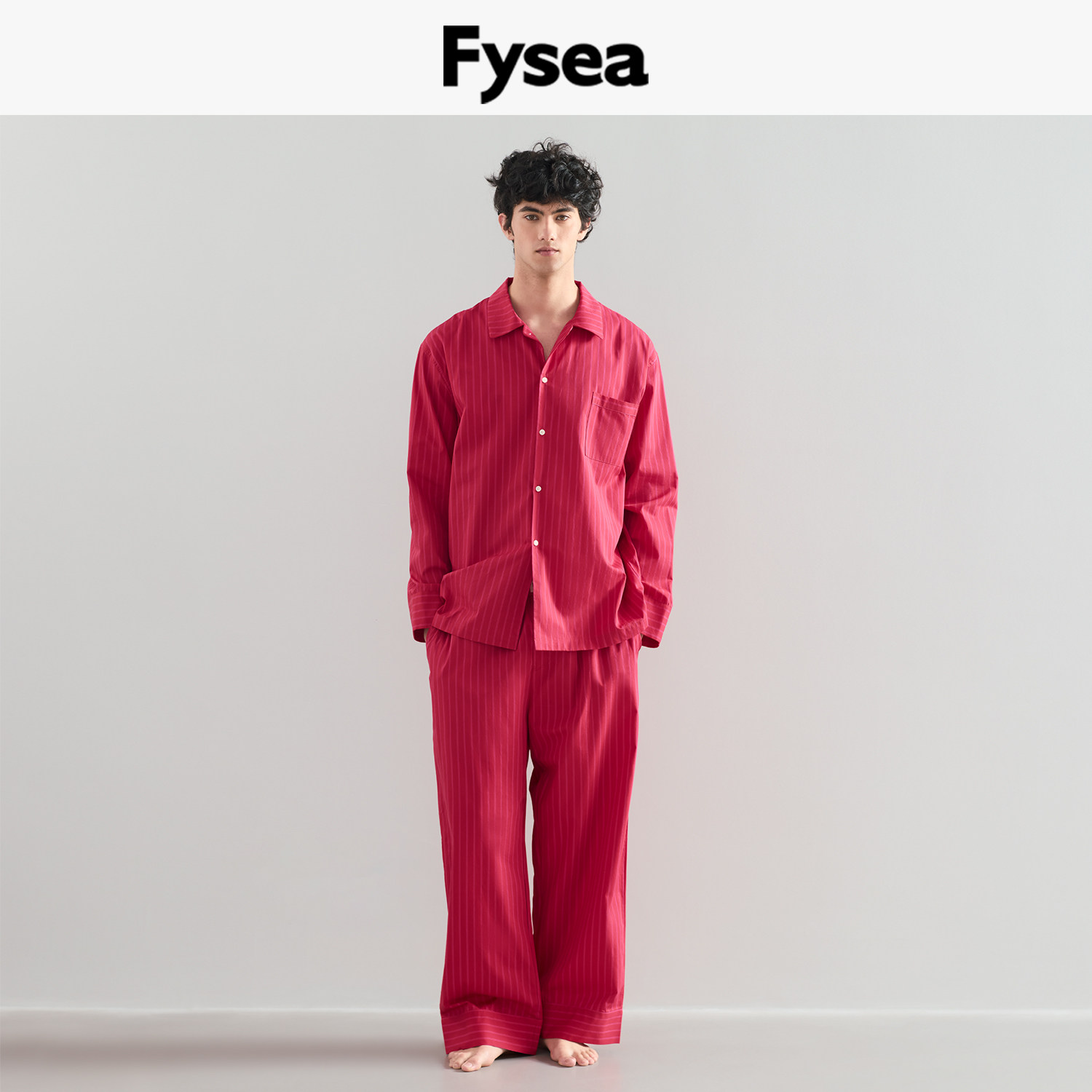 FyseaRed石榴红色条纹纯棉马年家居服春秋睡衣情侣结婚送礼男女款