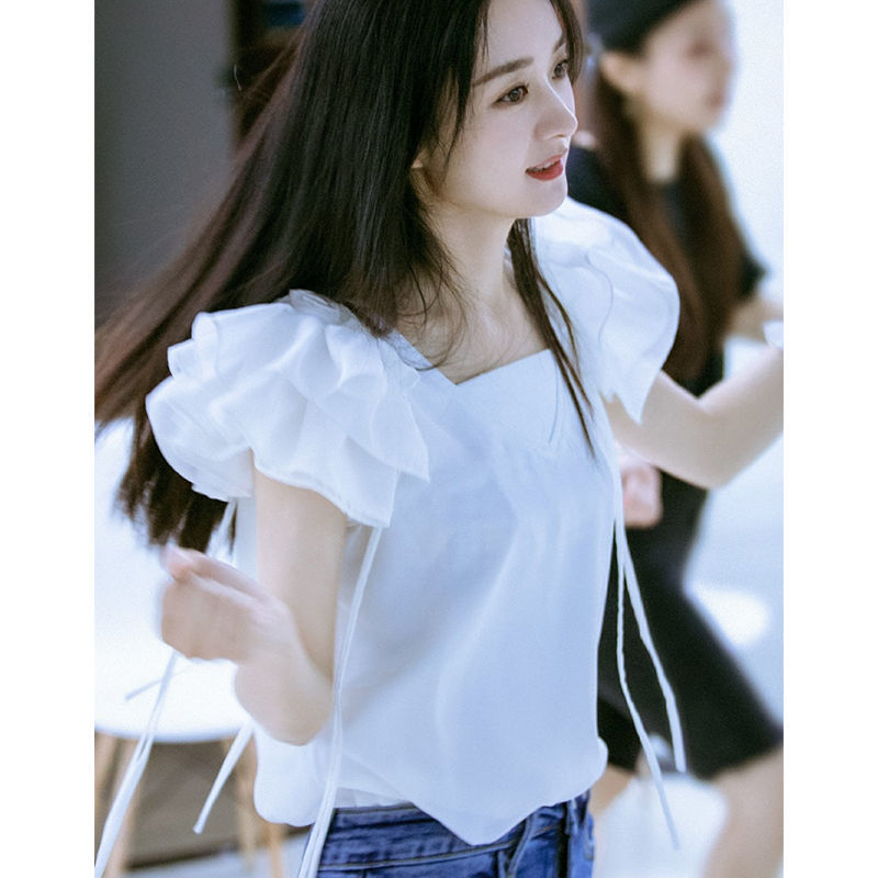 赵丽颖明星同款夏装女衬衫白色上衣服小飞袖木耳荷叶边别致设计感