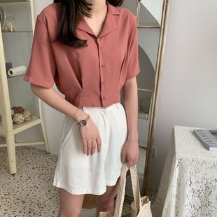 女设计感小众女装 复古港味韩版 港风衬衫 夏季 上衣 短袖 百搭露脐短款