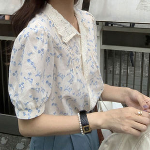 衬衫 白月光穿搭文艺小清新设计感碎花宽松显瘦遮肉复古polo领短袖