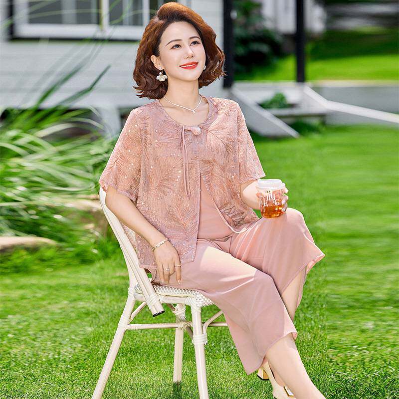 专柜品牌中年妈妈夏装洋气短袖套装中老年女装假两件国风短袖T恤