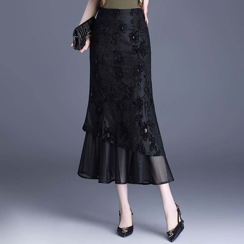 官方品牌网纱拼接亮片绣花鱼尾半身裙女2026年春夏季新款高腰包臀