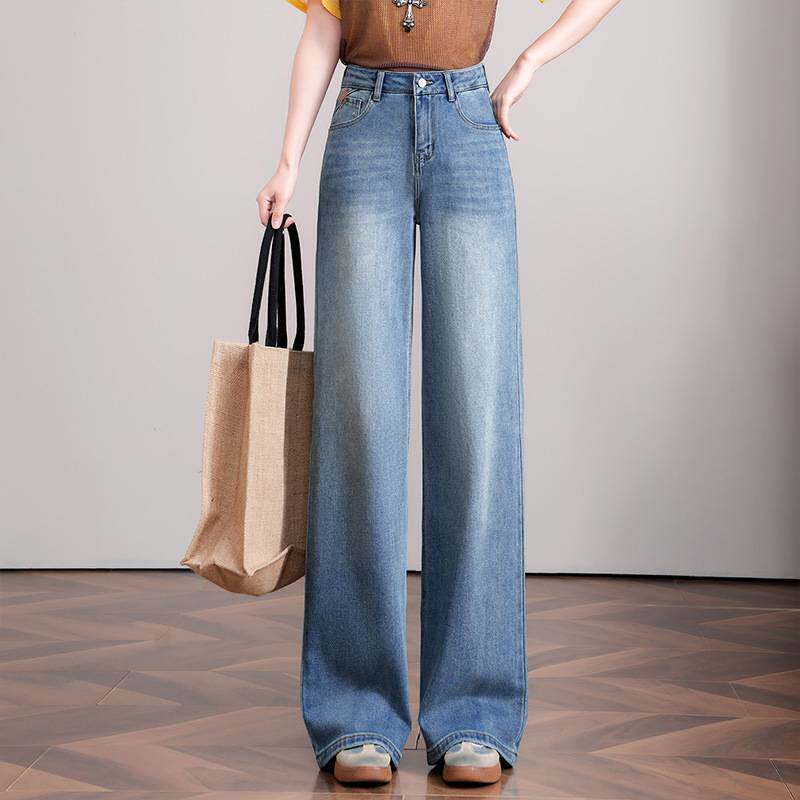 官方品牌蓝色窄版直筒牛仔裤女2026春夏季新款女裤高腰显瘦阔腿裤