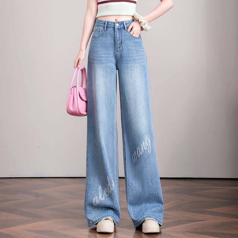 官方品牌天丝浅蓝色烫钻牛仔阔腿裤女2026春夏季新款高腰直筒裤显