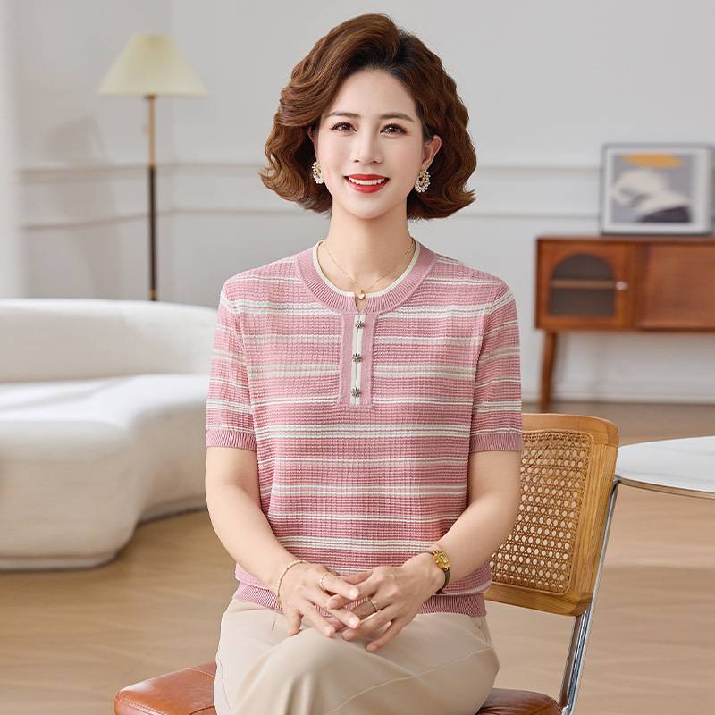 专柜品牌2026年妈妈装夏季短袖冰丝针织衫女圆领条纹中老年显瘦气