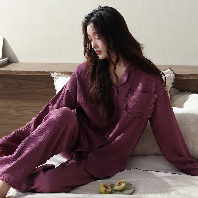 专柜品牌婴儿棉睡衣女士春秋季纯棉双层纱布长袖休闲松弛感家居服
