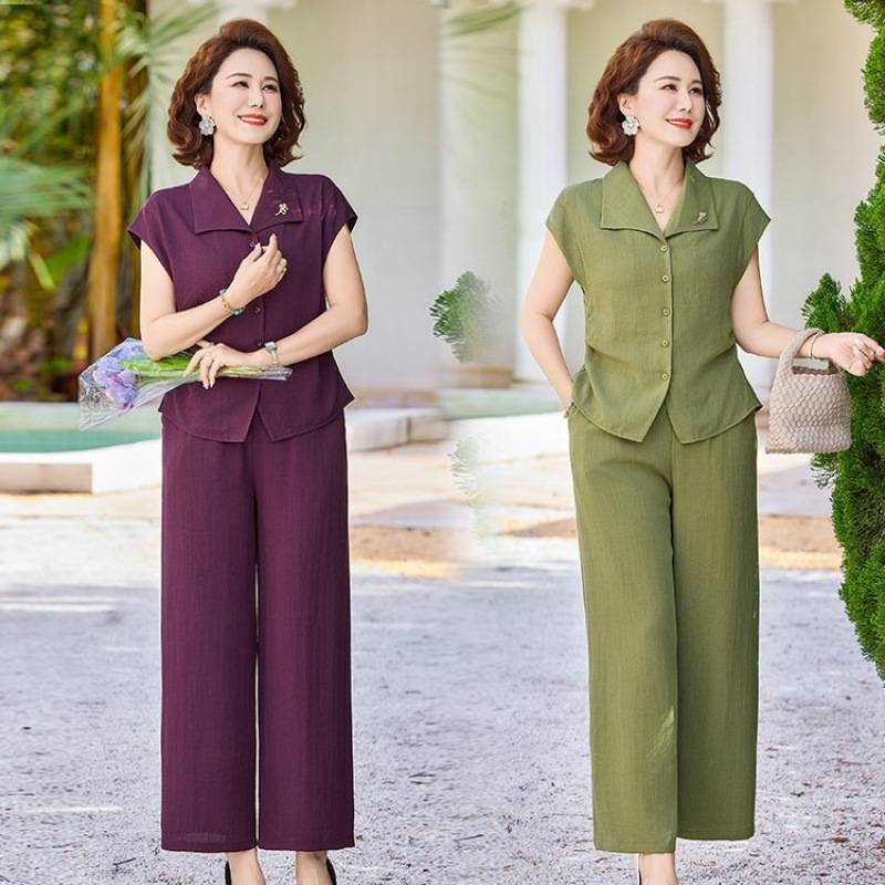 专柜品牌中老年气质妈妈装夏装裤子休闲套装显瘦短袖衬衫女装大码