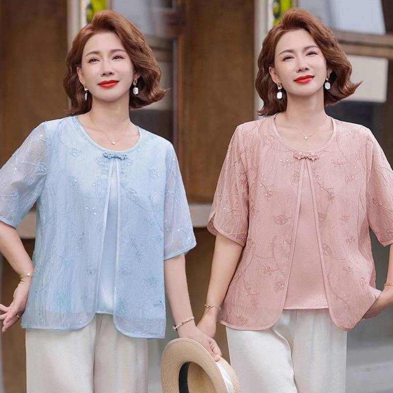 专柜品牌新中式妈妈夏装雪纺衫上衣时尚中老年女装夏季新款短袖假