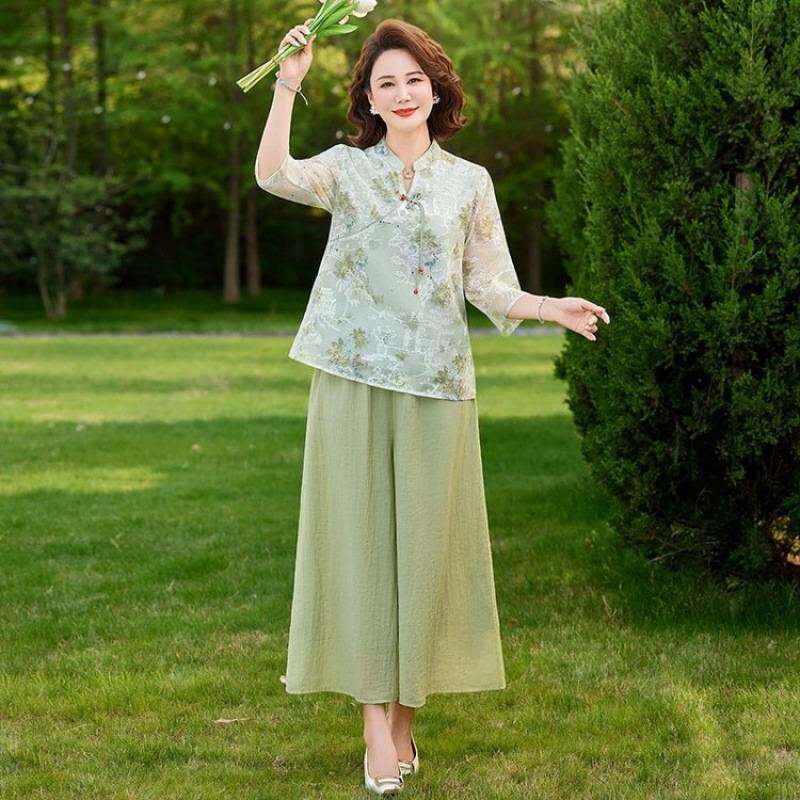 专柜品牌中年中式女装国风中老年夏季短袖妈妈夏装上衣洋气时尚两