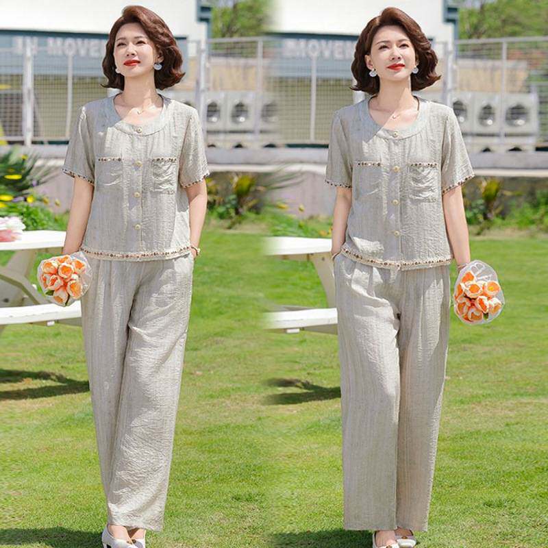 专柜品牌妈妈装夏季新款小香风短袖上衣阔腿裤套装中年女装洋气休