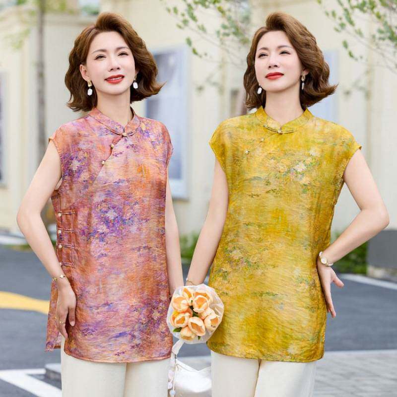 专柜品牌夏装新无袖上衣中年妈妈国风小衫改良旗袍唐装中长款衬衫