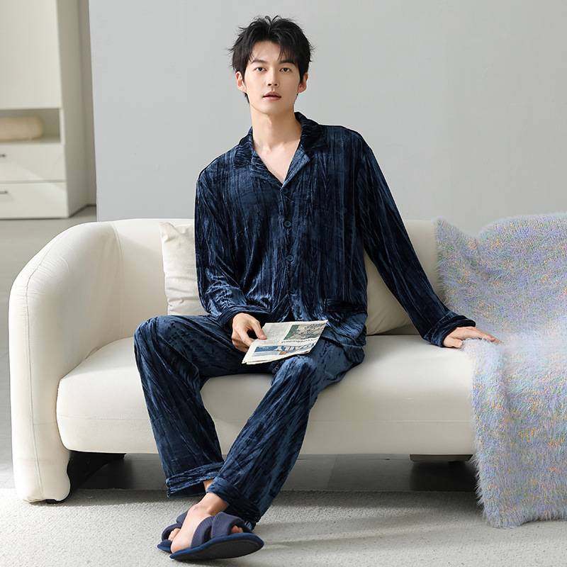 官方品牌男士春秋款金丝绒睡衣男套装新款冬季男款宝蓝高级感薄绒