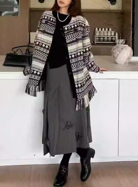 保真设计师买手店~ICE2025秋季复古民族风设计感夹克提花流苏外套