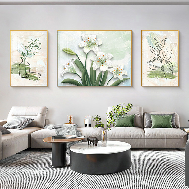 速发简约客厅装风画绿饰花卉沙发背景墙挂画餐厅植高档三联画