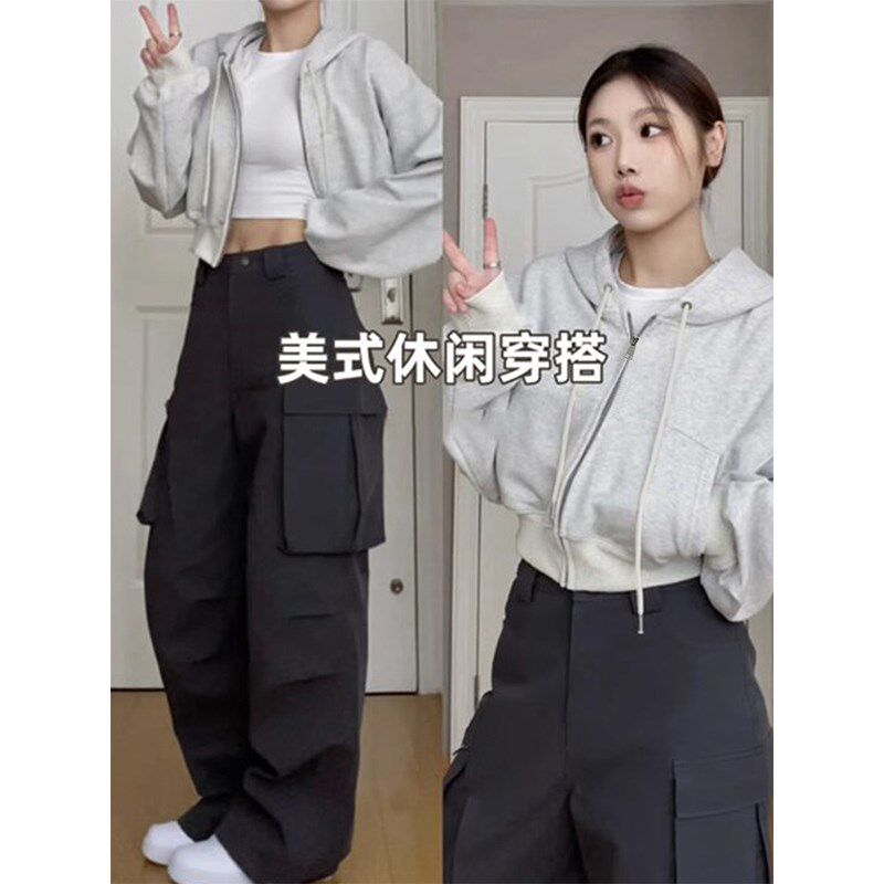 速发灰色短款卫衣外套正2025新款运动春肩上衣连帽式美开春