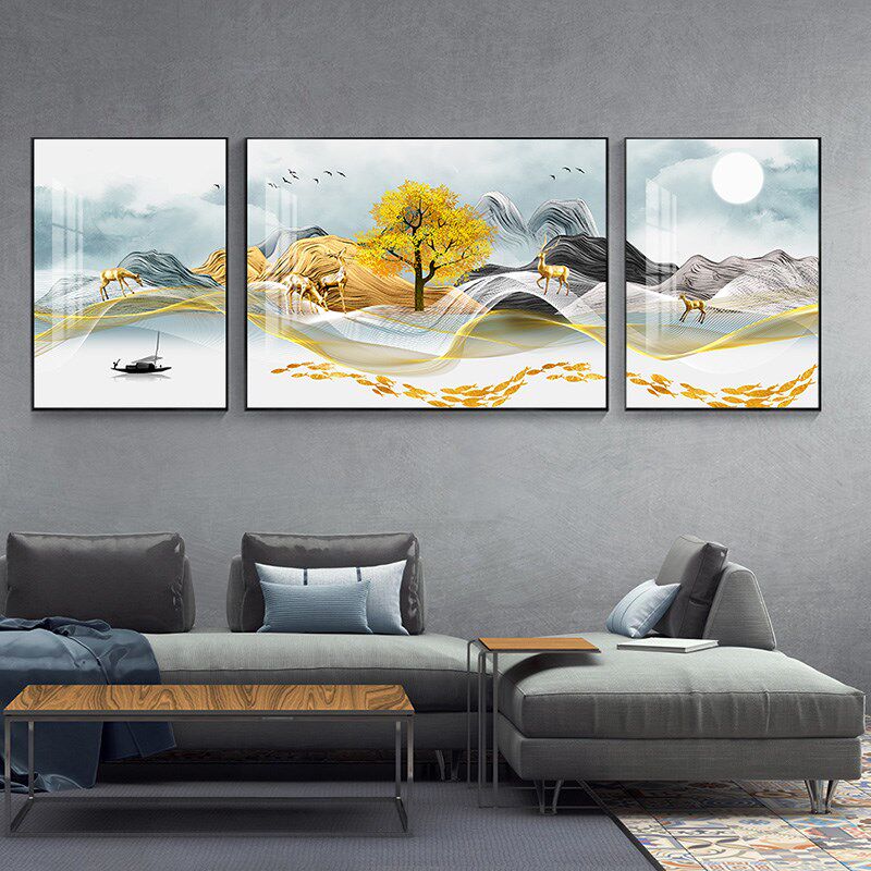 速发约饰画客厅高画沙发背景墙轻奢大气挂档简装福鹿轻奢三联墙画