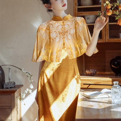 速发新中式晨袍新娘结婚晨拍高级感出阁宴订婚礼服裙黄色旗袍敬酒