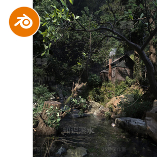 blender原始森林树林丛林河流小溪小河岩石杂草草丛自然场景2489