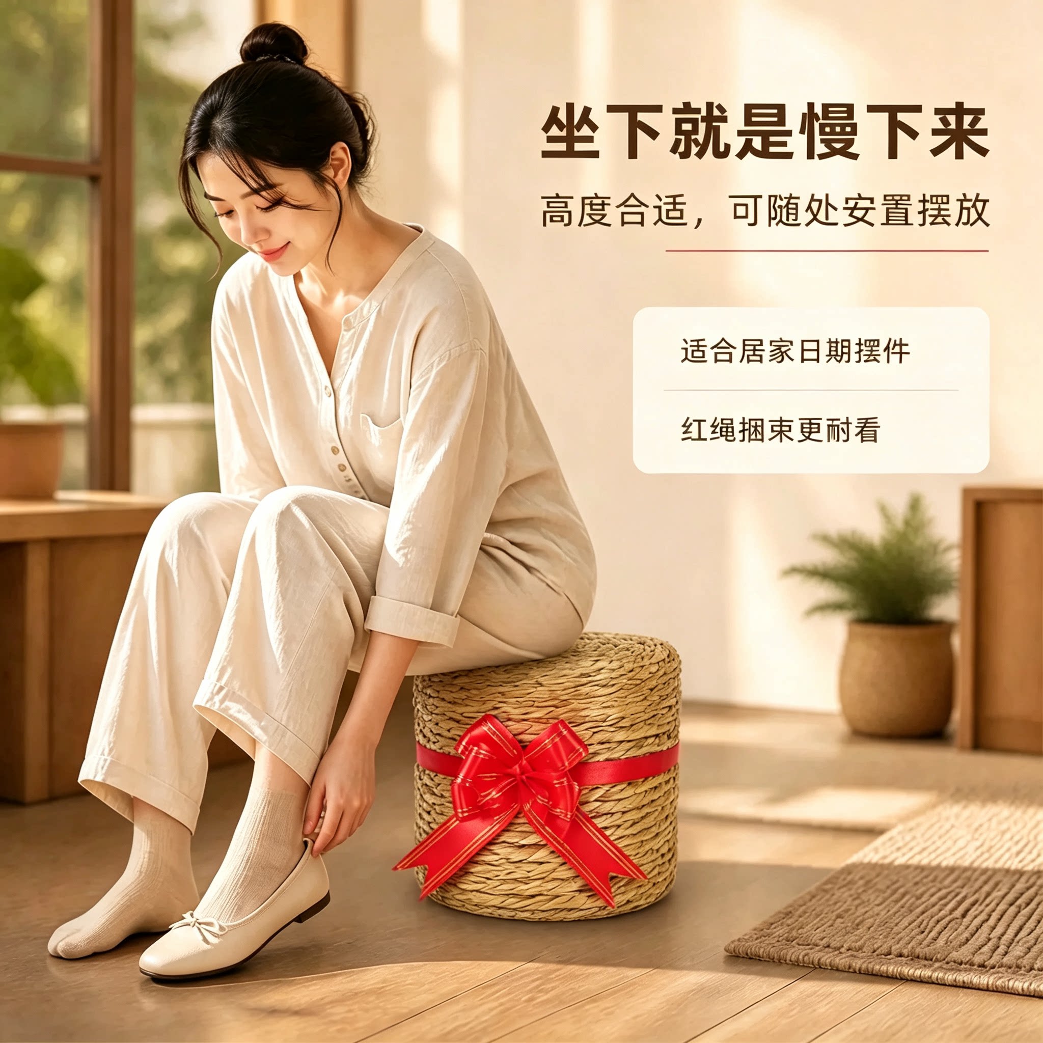 稻草墩捆红绳糯杆草手工捆扎装饰