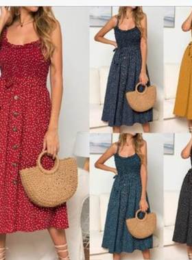 Summer new condole belt flounces wave dot dress荷叶边连衣裙