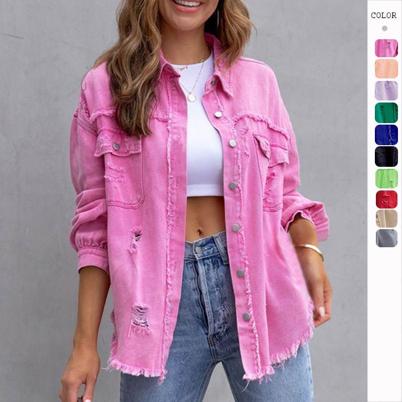 Denim jacket with ripped rawedge时髦毛边破洞牛仔外套翻领夹克